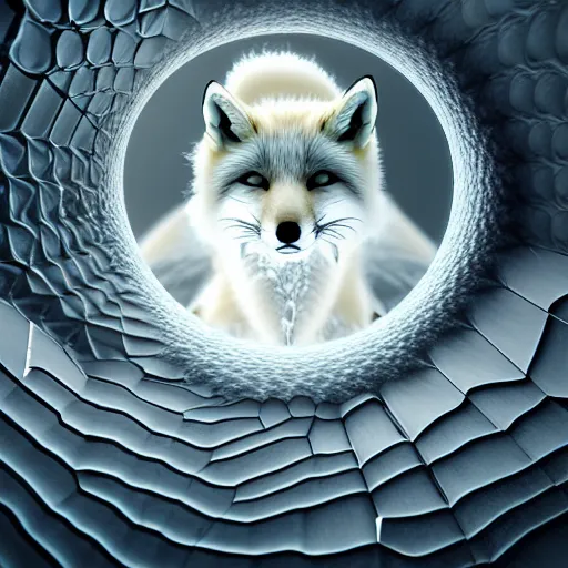 Prompt: hyperrealism photography computer simulation visualisation of parallel universe cgi anime scene with white fox by caravaggio rendered in mandelbulb 9 d