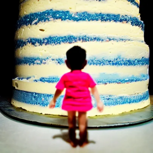 Prompt: miniature human standing in the shadow an enormous cake, low angle