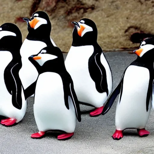 Prompt: 6 dancing pallbearer penguins