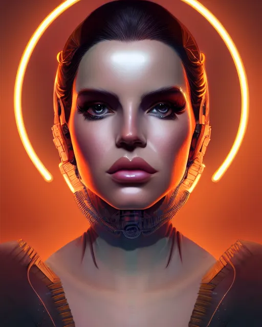 Image similar to symmetry portrait of lana del rey cyborg, glam, deco, glowing intricate, elegant, highly detailed, digital painting, artstation, concept art, smooth, sharp focus, illustration, art by artgerm and greg rutkowski and fra angelico and unreal engine 5