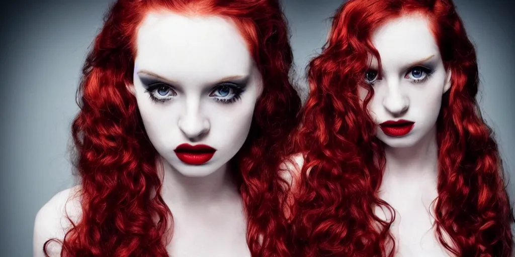 Prompt: perfect glamour model, long red wavy hair, perfect lips, pale skin, symmetrical face, dramatic, night, strong, photographic