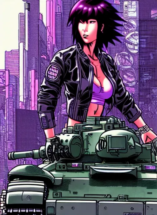 Prompt: motoko kusanagi riding a tank in a grungy cyberpunk megacity, intricate and finely detailed, cyberpunk vaporwave, portrait by j scott campbell, phil jimenez, ilya kuvshinov