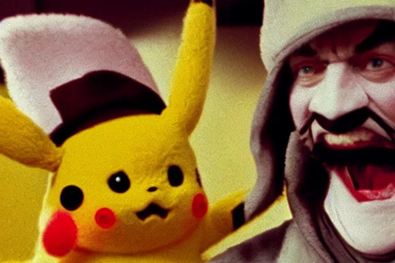 Prompt: Jack Nicholson dressed up in costume of Pikachu, still from the film by Stanley Kubrick