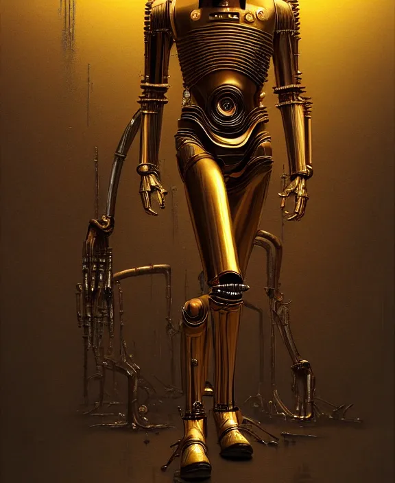 Image similar to demonic c - 3 po, by hr giger and beksinski and stephan martiniere, trending on artstation, 4 k resolution, detailed, high quality, hq artwork