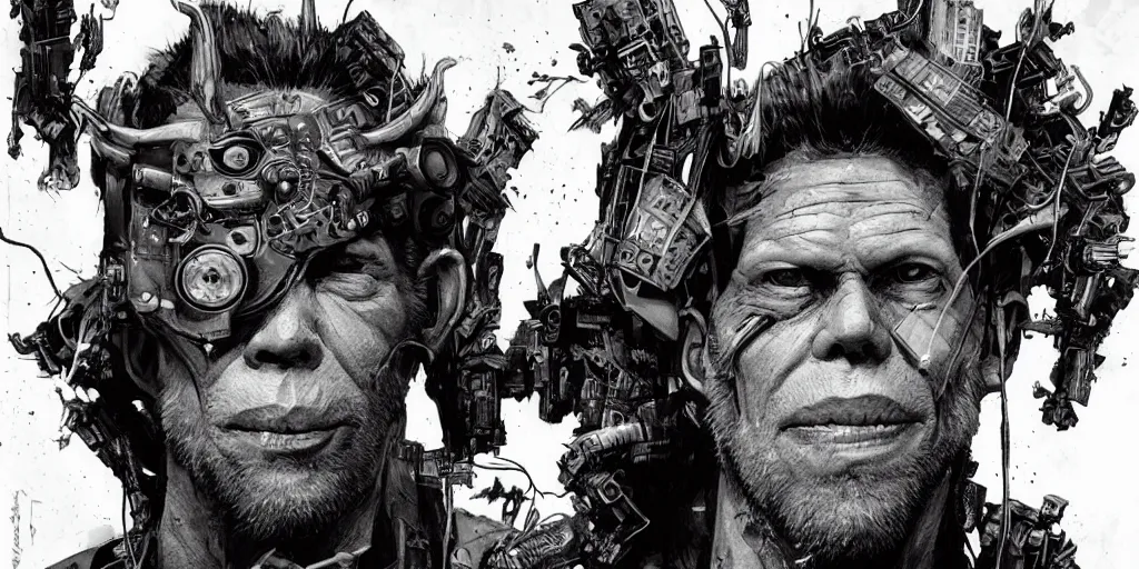 Image similar to Tom Waits as cyberpunk Hellboy design, kim jung gi, Greg Rutkowski, Darek Zabrocki, Karlkka, Jayison Devadas, Phuoc Quan, trending on Artstation, 8K, ultra wide angle, pincushion lens effect