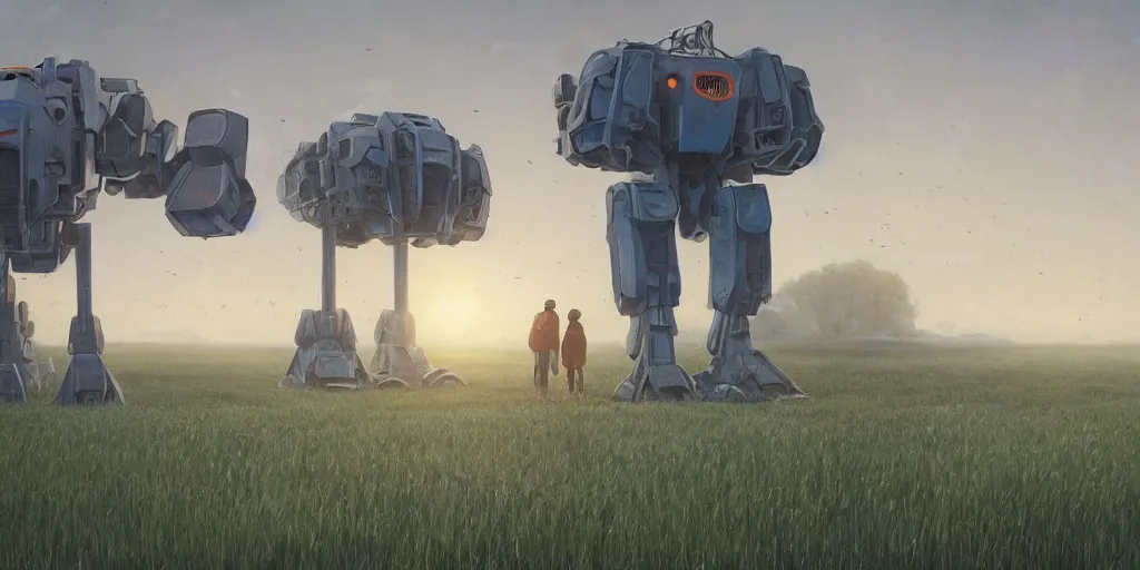 Image similar to giant mech stands over hay field by simon stalenhag, atmospheric haze, children in white jackets below look up, misty blue hour, sci fi digital painting, unreal engine 5, photorealism, hd quality, 8 k resolution, cinema 4 d, 3 d, cinematic, professional photography, art by artgerm and greg rutkowski and alphonse mucha and loish and wlop