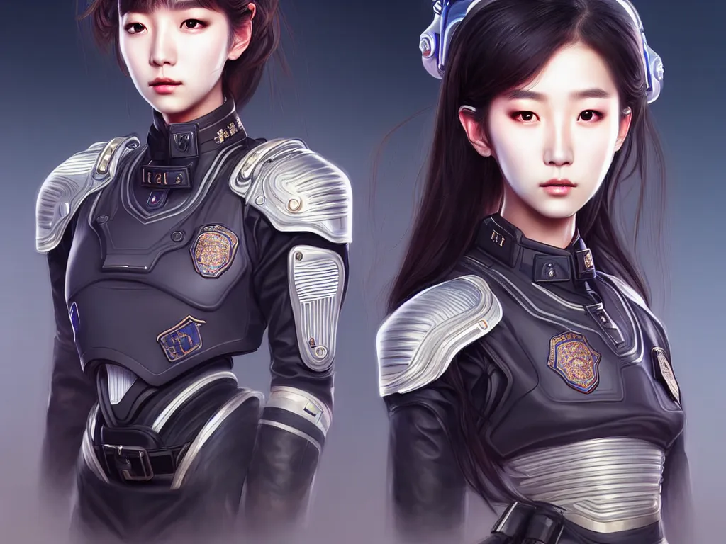 Image similar to portrait jisoo, futuristic koeran police uniform female, at future neon light rooftop, ssci - fi and fantasy, intricate and very very beautiful and elegant, highly detailed, digital painting, artstation, concept art, smooth and sharp focus, illustration, art by tan zi and ayanamikodon and alphonse mucha and wlop