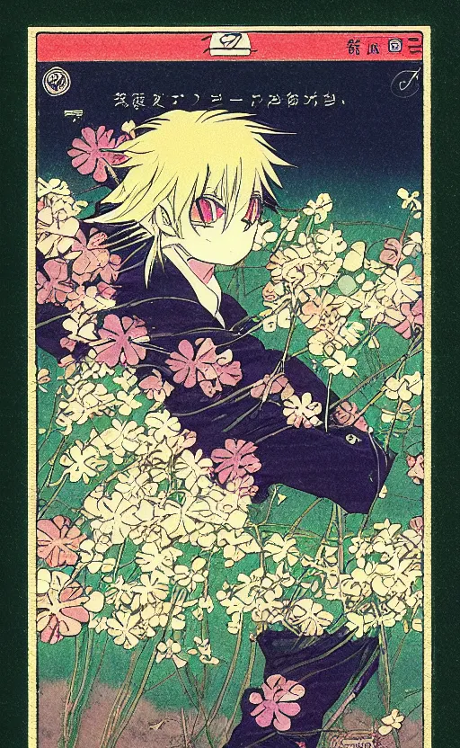 Image similar to by akio watanabe, manga art, clover trasported by the wind downhill, trading card front