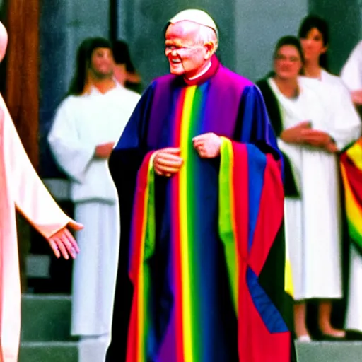 Image similar to John Paul II wearing an lgbt colored robe