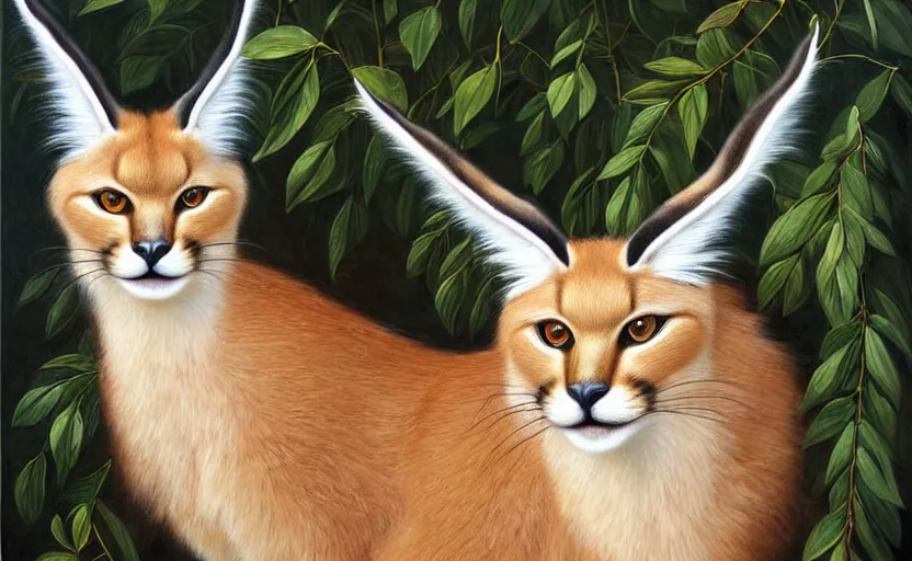 Image similar to fullbody portrait of cute fluffy caracal with laurel wreath on his head, chaplet on head, illustration, high detail, francine van hove