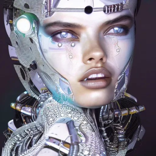 Image similar to beautiful Fine art photo portrait of enraptured Adriana Lima as a solarpunk robotic goddess, white mechanical parts with led lights, photorealistic, white background, highly detailed and intricate, sun lighting, 8k