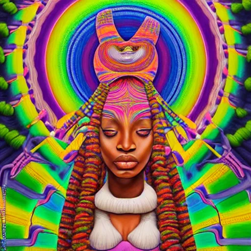 Prompt: a regal and voluptuous african queen with colorful dreadlocks sitting in a cabana on top of a enormous elephant near a pink river with a large glowing baobab tree, by amanda sage and alex grey and evgeni gordiets in a surreal psychedelic style, symmetrical, detailed eyes, oil on canvas 8k, hd