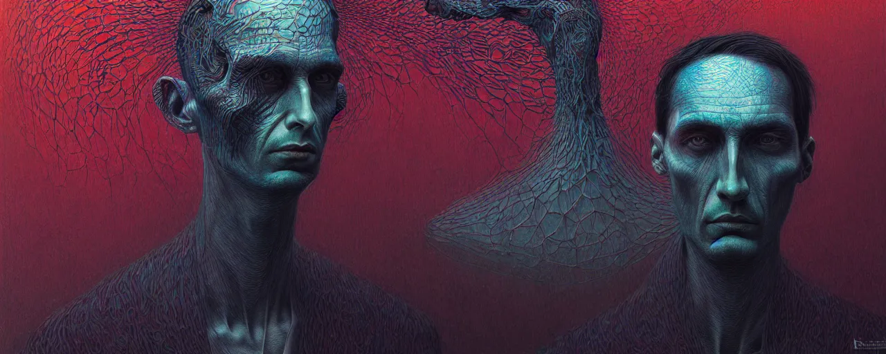 Image similar to portrait of a man in the style of android jones and zdzislaw beksinski