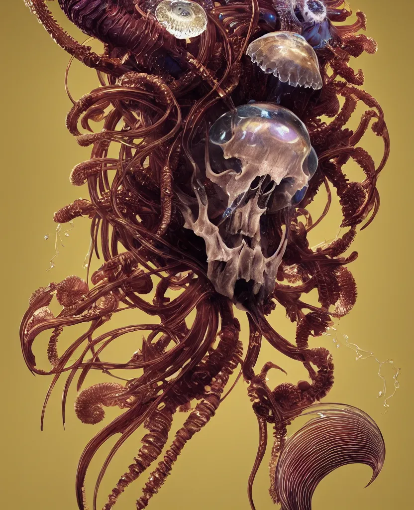 Image similar to goddess close-up portrait ram skull. jellyfish phoenix head, nautilus, orchid, ram skull, betta fish, bioluminiscent creatures, intricate artwork by Tooth Wu and wlop and beeple. octane render, trending on artstation, greg rutkowski very coherent symmetrical artwork. cinematic, hyper realism, high detail, octane render, 8k