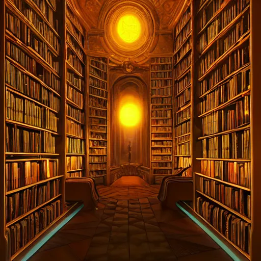 Prompt: scared books in a magical library, glowing effect, multiuniverse, concept art trending on artstation, 8k ,