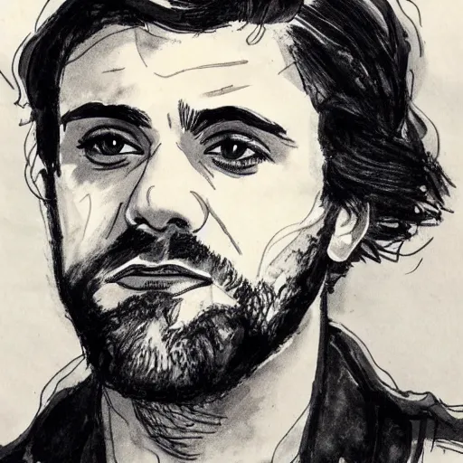 Image similar to ink and brush drawing of a portrait that is a cross between oscar isaac and ben mendelsohn