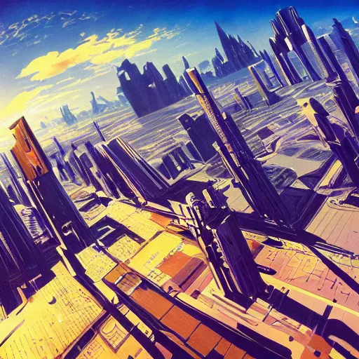 Image similar to aerial view of a science-fiction cityscape, cinematic angle, cinematic lighting, blue sky, sun in the sky, by Syd Mead, John Harris, Federico Pelat