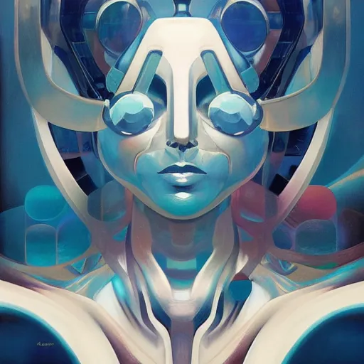 Image similar to scifi futurism automaton minimalism chrome by peter mohrbacher art Hajime Sorayama airbrush hyperrealism model abstract shatter fragments cubism futurism pastel blue soft flat minimal minimalism portrait face jackson pollock ukiyo-e lithograph mark ruthko swirl escape noise shimmer glow