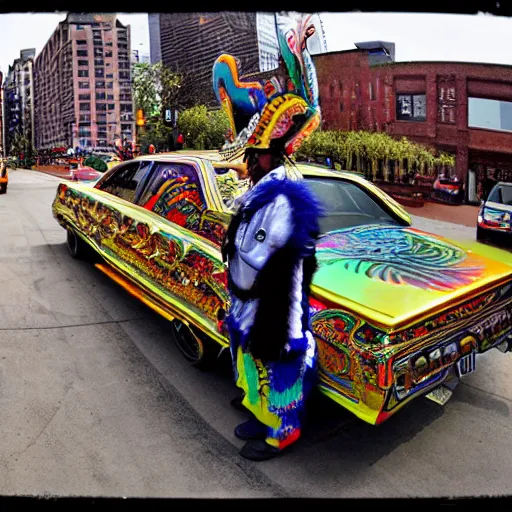 Prompt: wide angle panoramic photo of an indigenous chologoth shaman dressed with a quetzalcoatl feathered serpent on top of a golden lowrider car in brooklyn