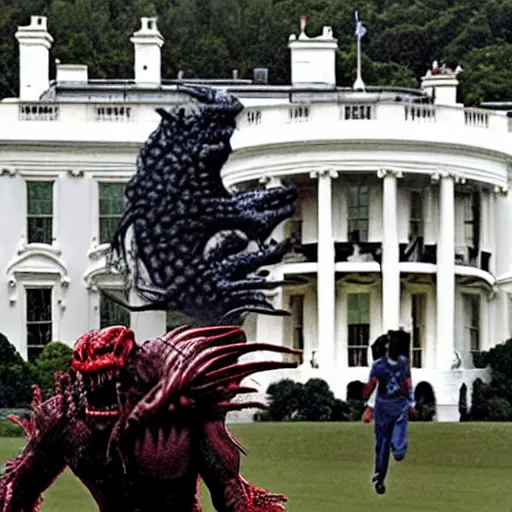 Image similar to joe biden is being chased by a monster from predator on the white house lawn