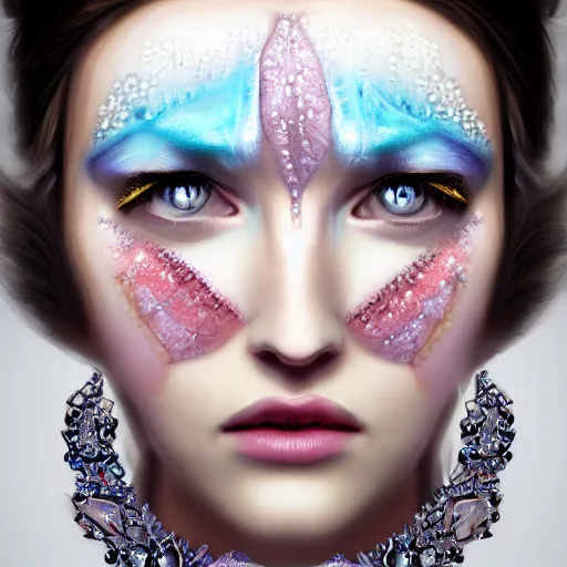 Prompt: ice face fractal jewellery portrait of a woman, inspired by mandy jurgens, face accessories, light make up, 4 k, high detailed, illustration