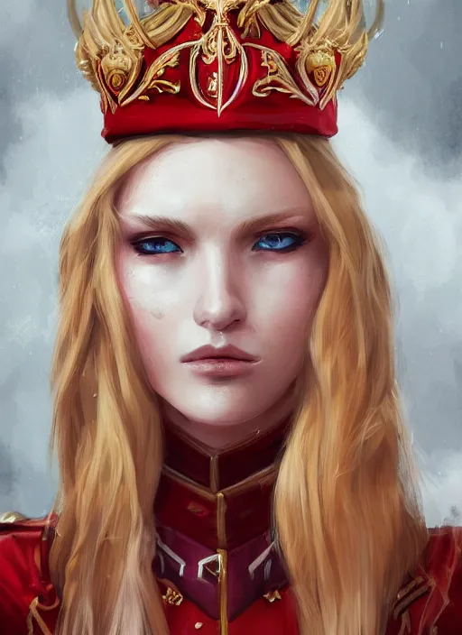 Image similar to a highly detailed illustration of beautiful long dirty blonde haired pale girl wearing red epaulette uniform, wearing crown, red eyes, dramatic seductive pose, intricate, elegant, highly detailed, centered, digital painting, artstation, concept art, smooth, sharp focus, league of legends concept art, WLOP