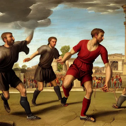 Image similar to an angry man playing soccer in Ancient Rome, detailed, highly detailed, heroic, epic, complex, very detailed, realistic, HD quality, 8k resolution, body and headshot, Oil Painting, Italian Renaissance Painting of Jerma985, Italian Renaissance Painting Style, Renaissance Painting Style, Painting, Trending on Artstation