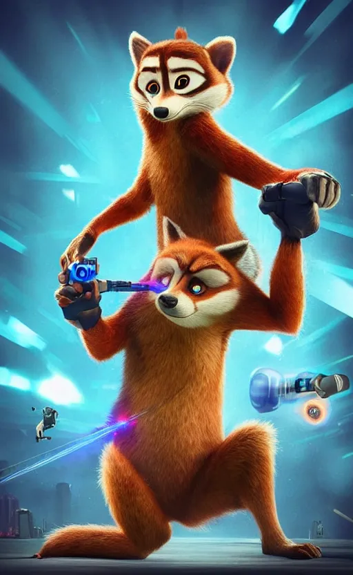 Image similar to “red racoon holding laser gun standing face to face off with blue racoon holding laser gun, boxing style face off, cinematic, dramatic in the style of zootopia”