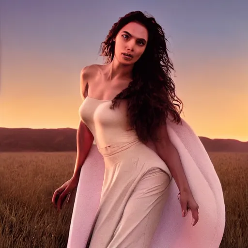 Prompt: woman who is a genetic combination of gal gadot and beyonce face and upper - body focus renaissance female in soft dreamy light at sunset, contemporary fashion shoot by edward robert hughes, annie leibovitz and steve mccurry, david lazar establishing shot, artistic, hyperrealistic