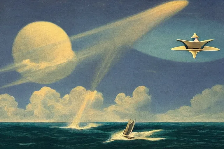 Prompt: two flying saucers battling over the ocean. art by george philip reinagle.