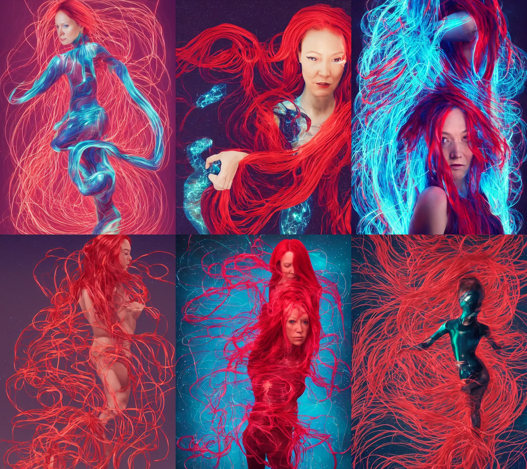 Prompt: glamour photo composition : (subject= 'shapely Jen Psaki combat pose with hands creating visual trails' subject detail= red fiber optic hair, wearing bodysuit made of sparse loose flowing ribbons of transparent bioluminescent glass) in the style of Artgerm and (tooth wu) and (dan mumford) and (beeple) and (wlop) and (rossdraws) and (James Jean) and (((Andrei Riabovitchev))) and ((Marc Simonetti)) and (yoshitaka Amano)