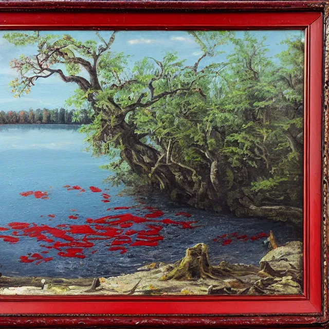 Prompt: bloody red lake with skull shaped pebbles on the shore surrounded by spikey trees, oil painting