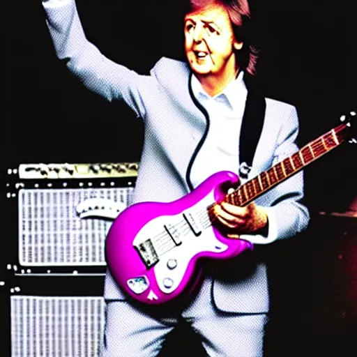 Image similar to Paul McCartney playing a Squier Hello Kitty Stratocaster, 8k, high definition, highly detailed, photorealistic