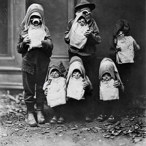 Prompt: portrait of children wearing hobo masks, photograph, style of atget, 1 9 1 0, creepy, dark