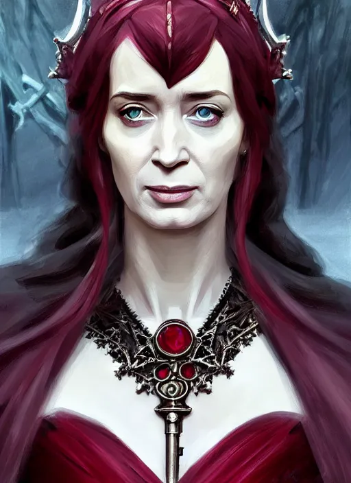 Image similar to portrait of emily blunt as witch queen, jewelry, greek, ruby, victorian age, 1 8 9 0, intricate, headshot, key visual, conceptart, ambient lighting, highly detailed, digital painting, artstation, concept art, sharp focus, by makoto shinkai and akihiko yoshida and greg manchess