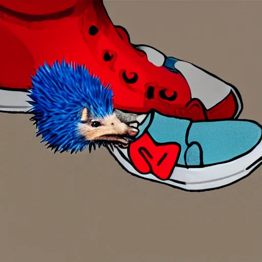 Prompt: photo of a realistic blue hedgehog wearing red shoes