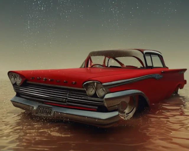 Image similar to red 1 9 5 8 plymouth fury submerged under water, cinematic, photoreal, by red dead redemption 2