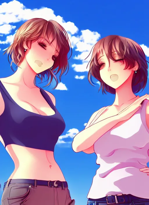 Image similar to two beautiful mature women under a blue sky, casual summer clothes, gorgeous faces, thick lines, cinematic lighting, detailed anime art