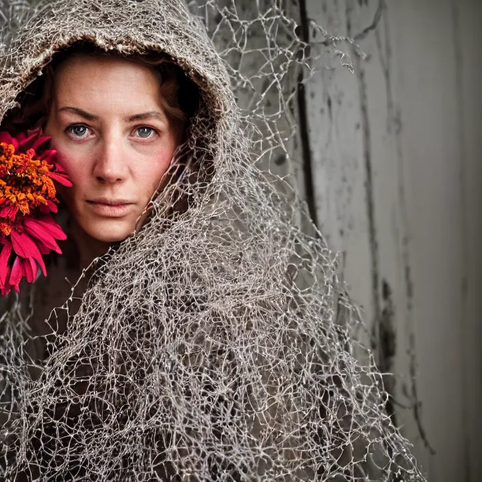 Prompt: a closeup portrait of a woman wearing a hooded cloak made of zinnias and barbed wire, in a derelict house, by Charlotte Grimm, natural light, detailed face, CANON Eos C300, ƒ1.8, 35mm, 8K, medium-format print