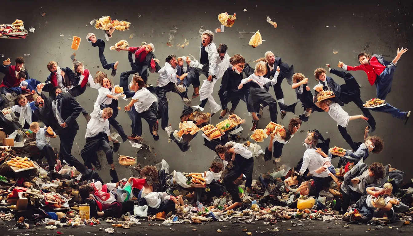 Image similar to disheveled children in rags obese men in suits and old people fighting in a fast food restaurant over piles half eaten rotting fast food, money floats in the air, hyper realistic photo, full colour, upscale, 8 k, masterpiece,