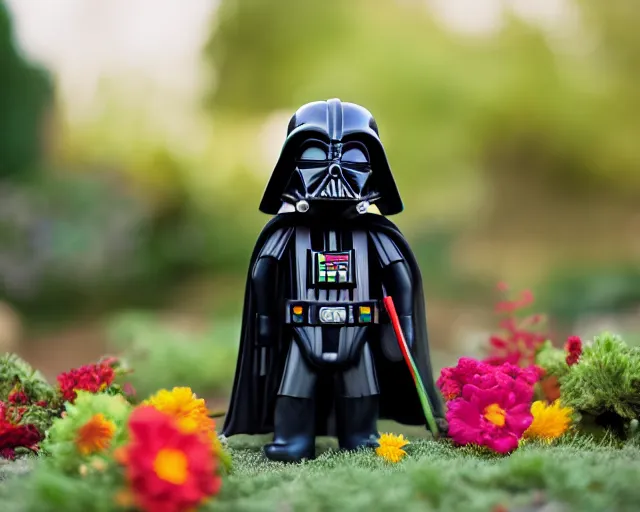 Prompt: 8 5 mm photography of darth vader playing with toys near a garden with sand with dof and bokeh and flowers