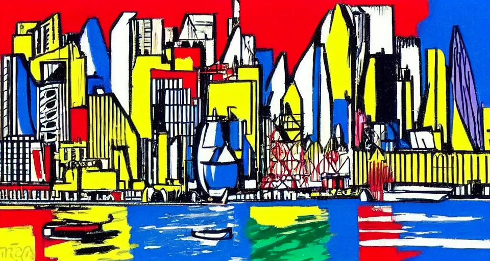 Image similar to color sketch of the london skyline, highly detailed, dramatic lighting, intense shadows, rich deep colours, by roy lichtenstein