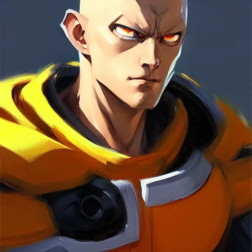 Image similar to Greg Manchess portrait painting of Saitama as Overwatch character, medium shot, asymmetrical, profile picture, Organic Painting, sunny day, Matte Painting, bold shapes, hard edges, street art, trending on artstation, by Huang Guangjian and Gil Elvgren and Sachin Teng