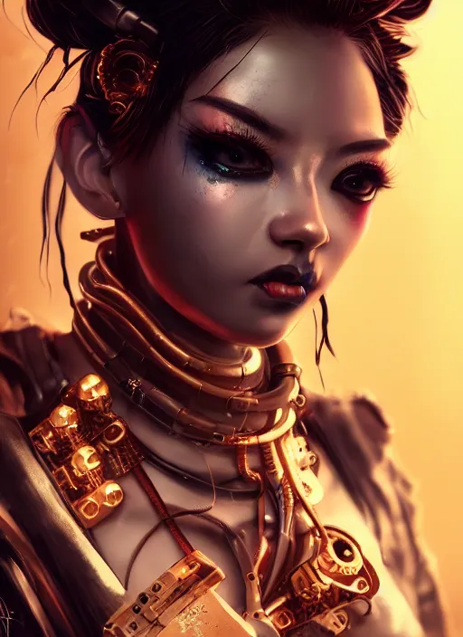 Image similar to soft lustrous ebony geisha seductive raver gutter punk steampunk cyborg, yakuza, golden ratio, details, scifi, fantasy, cyberpunk city, intricate, decadent, highly detailed, octane render, digital painting, artstation, concept art, sharp focus, illustration, art by artgerm, loish, wlop