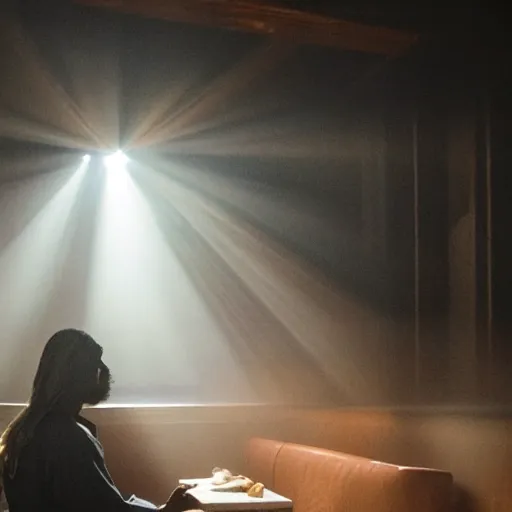 Image similar to a still of jesus sitting down on a stool at the bar, last call. it's dark and smoky. god rays through fog.