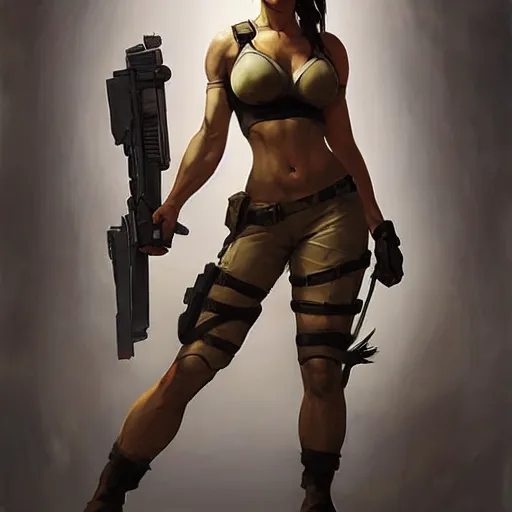 Prompt: greg manchess portrait painting of fully armored lara croft as overwatch character, medium shot, asymmetrical, profile picture, organic painting, sunny day, matte painting, bold shapes, hard edges, street art, trending on artstation, by huang guangjian and gil elvgren and sachin teng