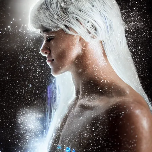 Image similar to futuristic female soldier eyes closed partly submerged in highly viscous clear fluid, frost particles, ice needles, cold blue light, complex hyperdetailed technical suit. white hair flowing. reflection. rays and dispersion of light. volumetric light. 5 0 mm, f / 3 2. noise film photo. ultra realistic, wide angle.