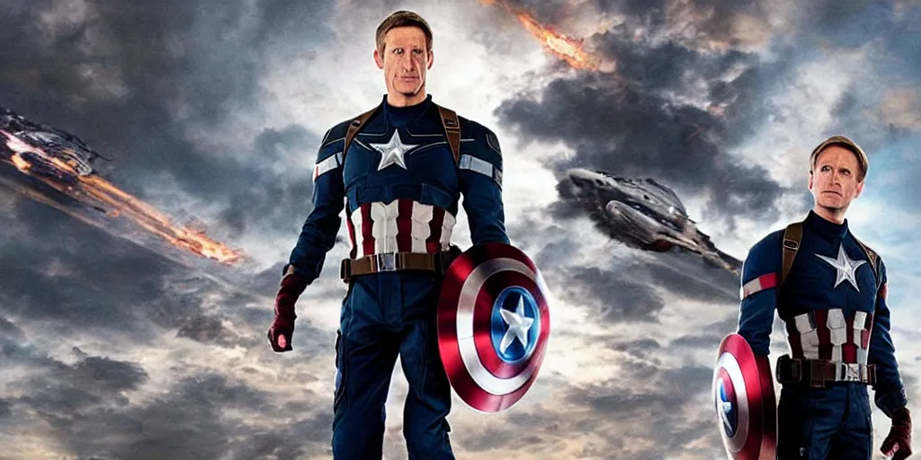 Image similar to “A still of Tony Hawk as Captain America in Marvel’s Avengers”