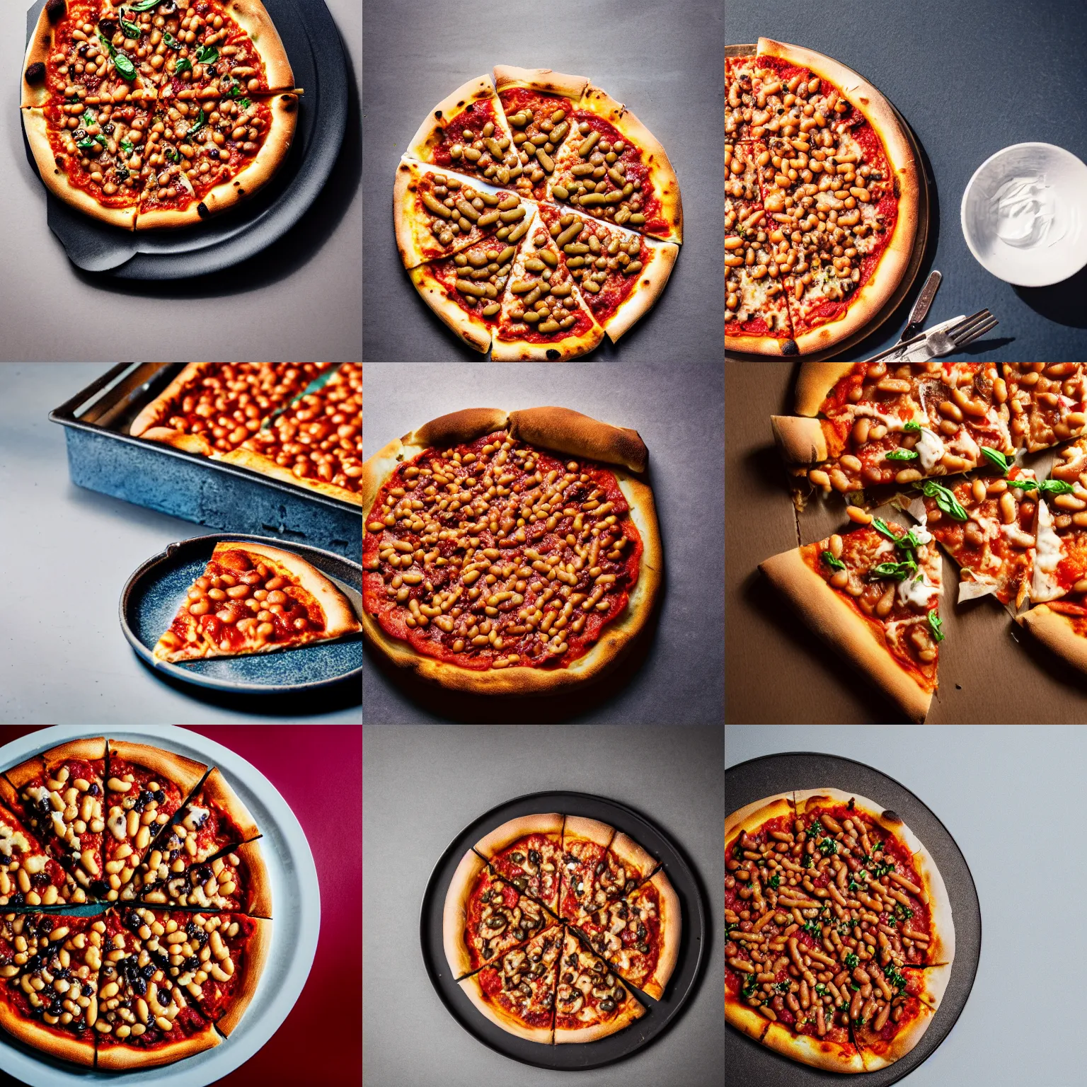 Prompt: a pizza topped with baked beans, professional food photography