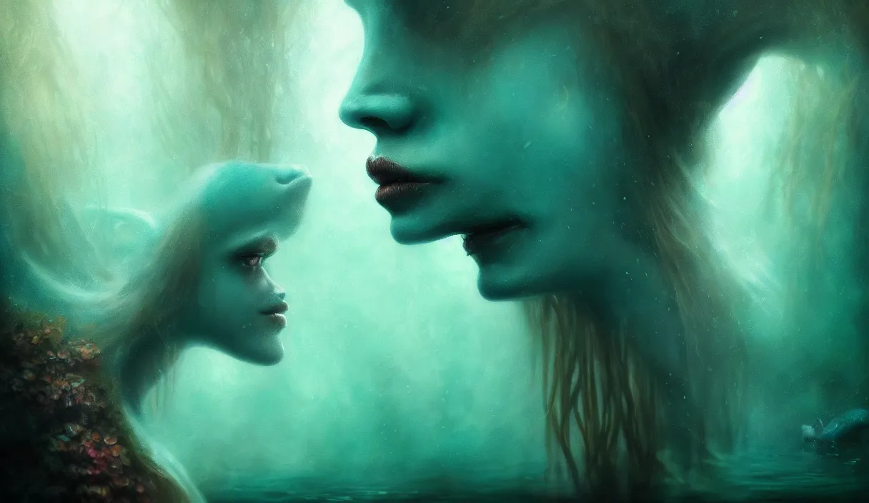 Image similar to epic professional digital art of hungry eyes, ambient teal light, painted, mysterious, closeup cinematic aquatic scene, eerie, mythic, detailed, intricate, grand, leesha hannigan, wayne haag, reyna rochin, ignacio fernandez rios, mark ryden, van herpen, artstation, cgsociety, epic, stunning, gorgeous, wow wow detail